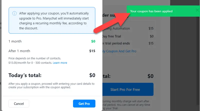 ManyChat Coupon Applied